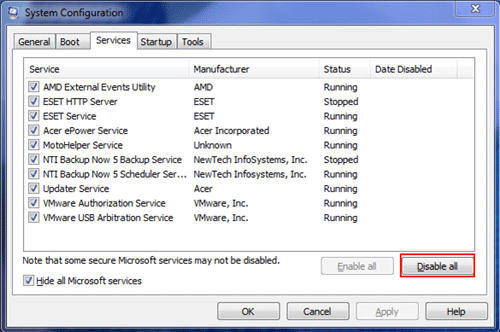 MSCONFIG Services Tab, Disable All Others
